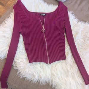 Fashion Nova Magenta Ribbed Zip-Up Crop Top